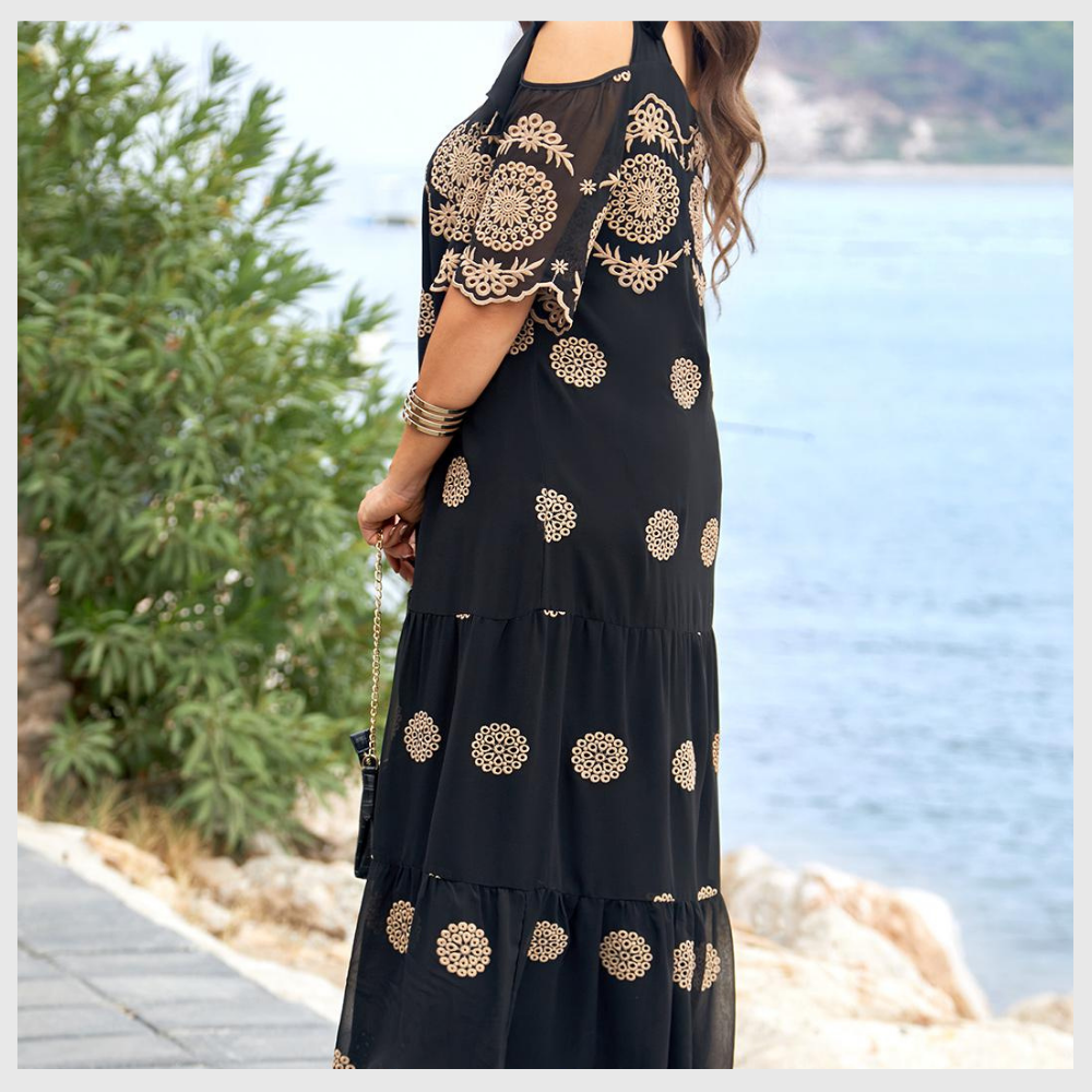 Robe Longue Bohème Imprimée en Dentelle Noire