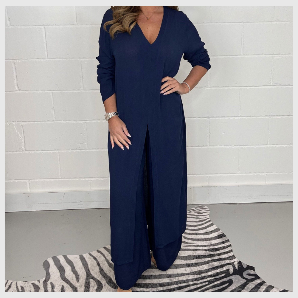 Ensemble Femme Élégant Haut Long et Pantalon Uni