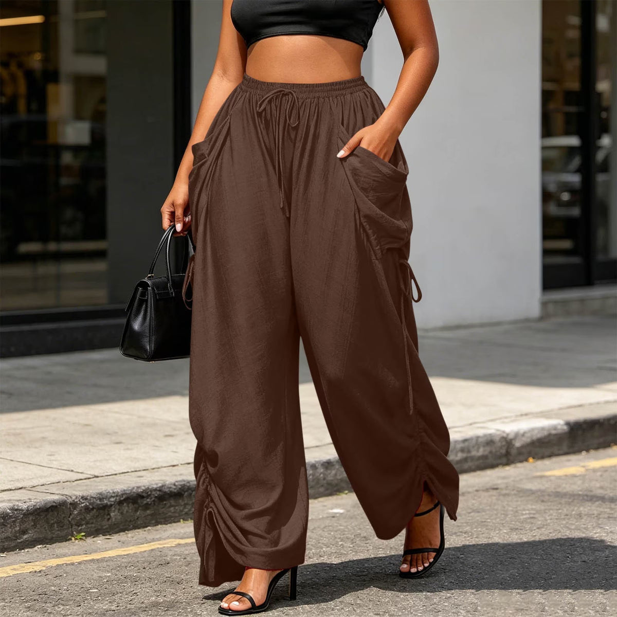 Pantalon Wide-Leg Fluide à Lacets Latéraux