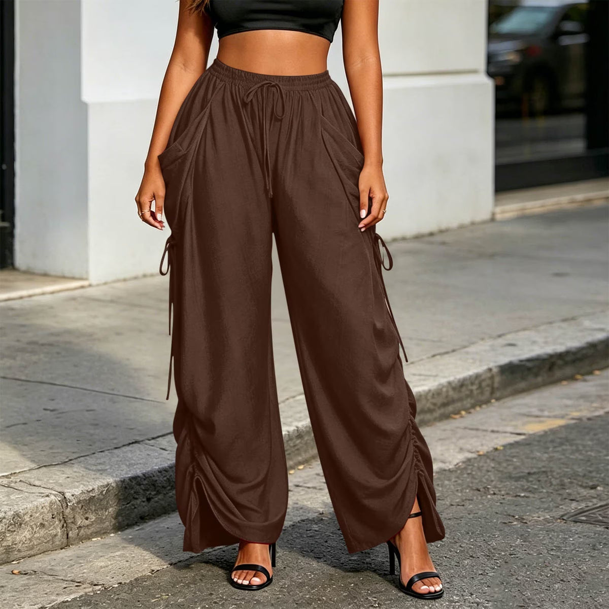 Pantalon Wide-Leg Fluide à Lacets Latéraux