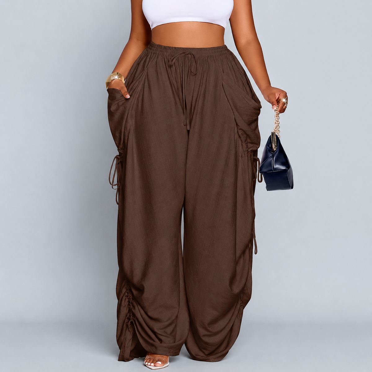 Pantalon Wide-Leg Fluide à Lacets Latéraux