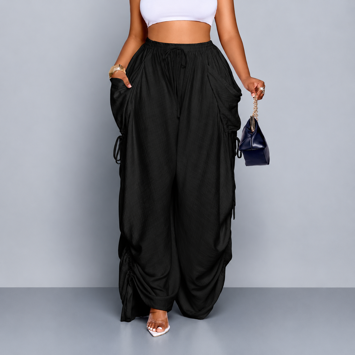 Pantalon Wide-Leg Fluide à Lacets Latéraux