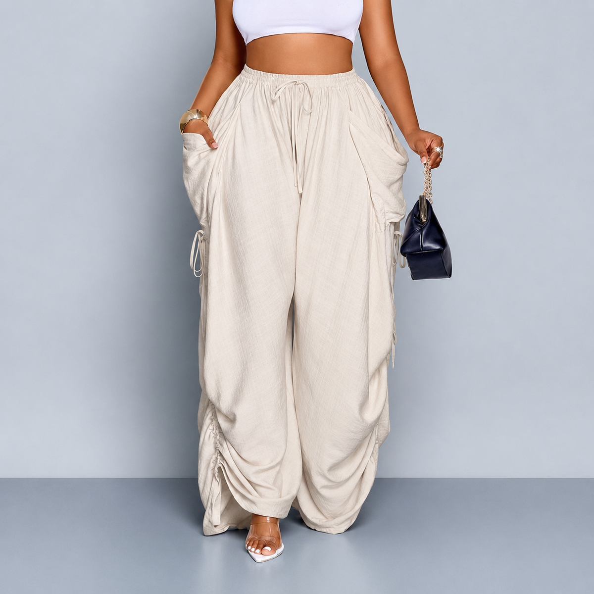 Pantalon Wide-Leg Fluide à Lacets Latéraux