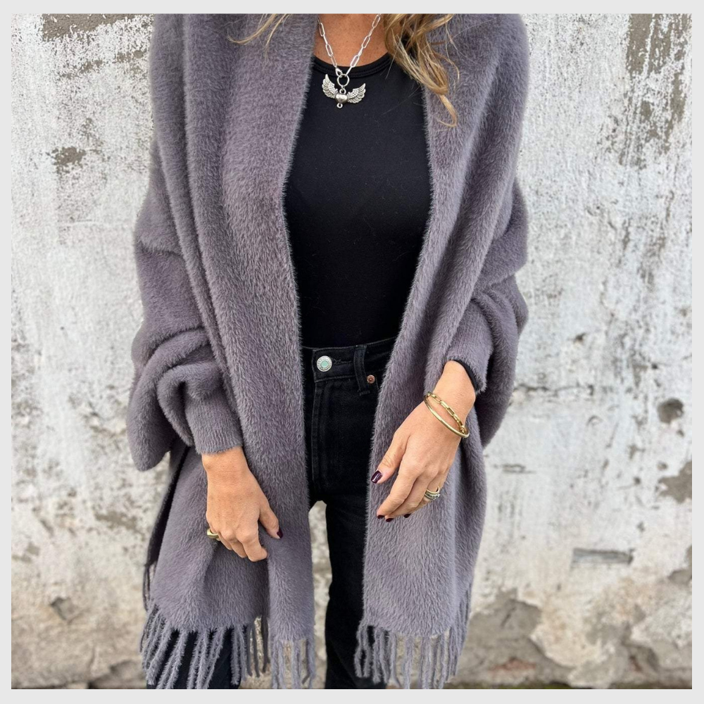 CosyÉtoile™ – Poncho Élégant à Pompons