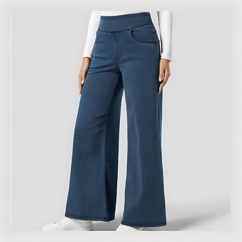 Jean Tout-en-Un – Jean Large Travail à Taille Haute Poches Multiples et Tricot Extensible